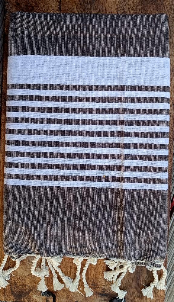 RUČNĚ TKANÝ BAVLNĚNÝ PLÉD FOUTA / JEMNÉ PROUŽKY / PÍSKOVÉ HNĚDÁ