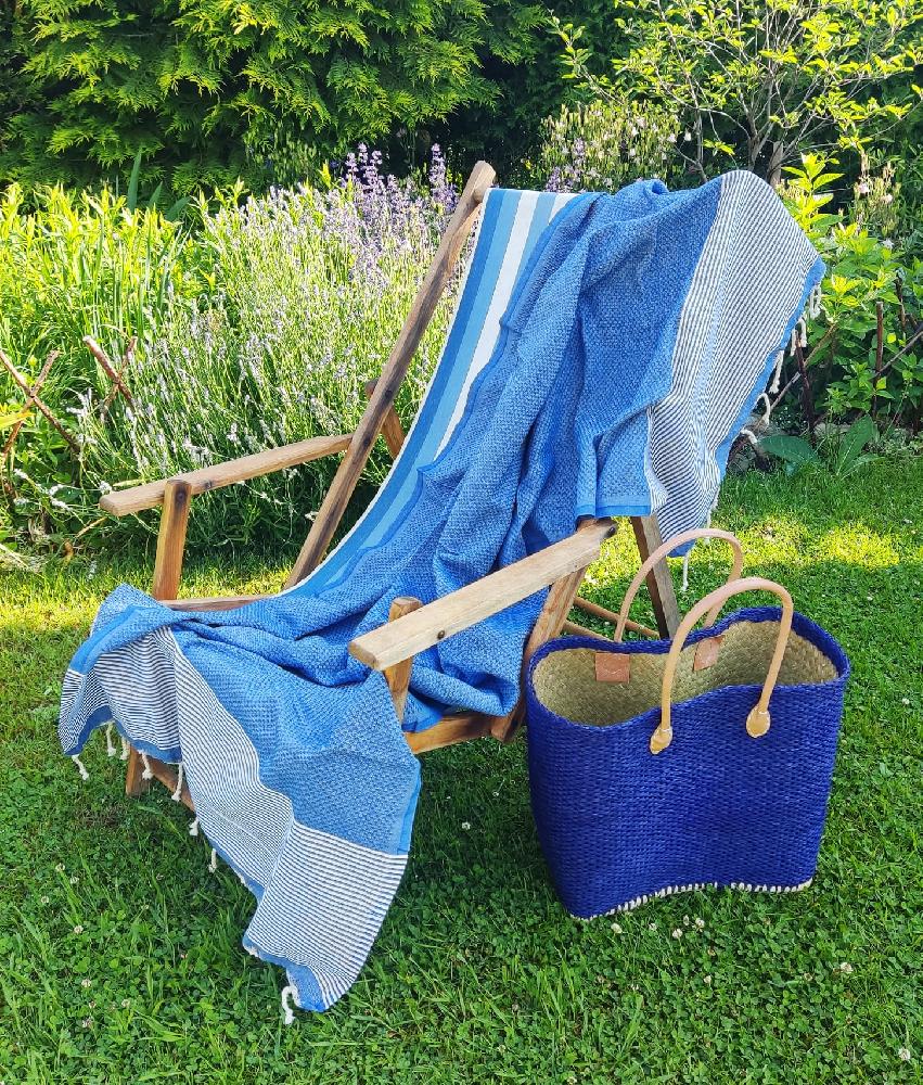 RUČNĚ TKANÝ BAVLNĚNÝ PLÉD FOUTA / MODRÝ JEMNÉ PROUŽKY