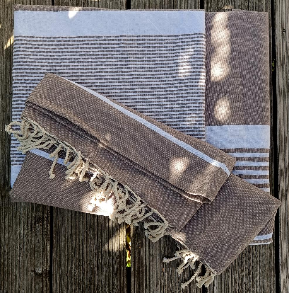 EXTRA VELKÝ RUČNĚ TKANÝ BAVLNĚNÝ PLÉD FOUTA / PÍSKOVĚ HNĚDÝ / PROUŽKY