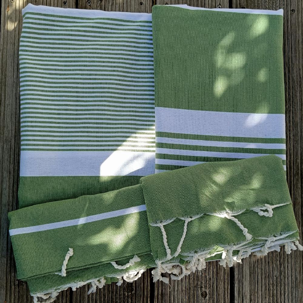 EXTRA VELKÝ RUČNĚ TKANÝ BAVLNĚNÝ PLÉD FOUTA / ZELENÝ / PROUŽKY
